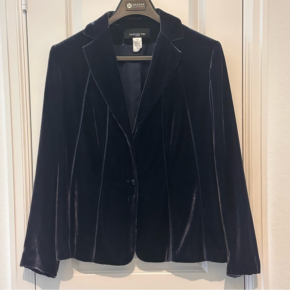Jones New York Womens Velvet Blazer Jacket 14W Navy Rayon & Silk Blend